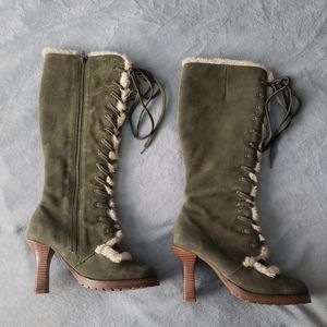 Colin Stuart green suede fur Lace Up knee boots